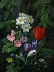 Zahradní květiny na jaře (včetně sedmikrásek, tulipánů, narcisů, krokusů a prvosenek). Obraz Christine Marie Lovmand (1803-1872) Soukromá sbírka.
