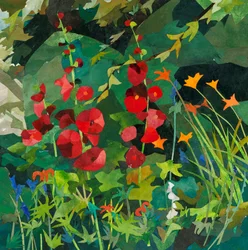 Cornerways garden with Hollyhocks, 2025 (akvarelem malovaná papírová koláž)