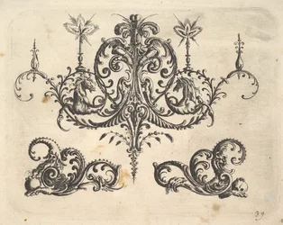 Fantastický lustr s hořícími svíčkami a arabeskami, některé končící fantastickým koněm..., 1610.