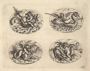 Čtyři ovály s Genii, desky z Neue Grotessken Buch, 1610.