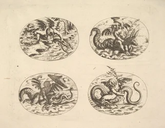 Putti s mořskými příšerami, talíře z Neue Grotessken Buch, 1610.