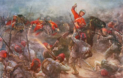 Útok kavalerie Drury Lowes u Kassassinu, 28. srpna 1882, ilustrace z knihy Britské bitvy na souši a na moři, kterou redigoval sir Evelyn Wood (1838-1919), 1915