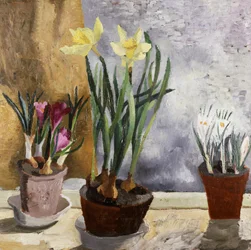 Krokusy a narcisy v květináčích. Obraz Christophera Wooda (1901-1930) Soukromá sbírka.