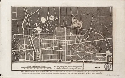 Plán města Londýna po velkém požáru v roce 1666 (tisk)