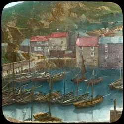 Rybářské lodě v přístavu, Polperro, Cornwall, konec 19. nebo začátek 20. století