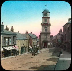 Town Hall and Market Street, Penryn, Cornwall, konec 19. nebo začátek 20. století