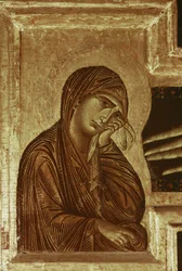 Krucifix: detail Panny Marie (tempera na dřevě