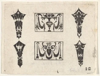 Blackwork Print se dvěma horizontálními panely a čtyřmi rámečky, ca. 1620.