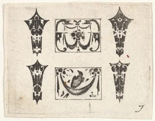 Blackwork Print se dvěma horizontálními panely a čtyřmi rámečky, ca. 1620.