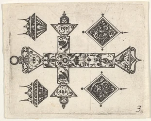 Blackwork tisk s latinským křížem a čtyřmi motivy, ca. 1620.