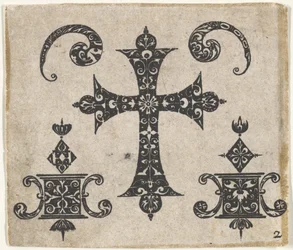 Blackwork tisk s latinským křížem a drobnými motivy, ca. 1620.