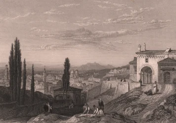 Panoramatický pohled na město Verona z kostela San Zeno v Monte, Veneto, Itálie, ocelorytina S Fisher podle kresby Clarkson Stanfield (1793-1867), cca 14x12 cm