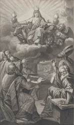 Alegorická postava objevující se na oblacích nad hlavou, zatímco skupina mužů shromážděných dole se dívá na..., 1728.