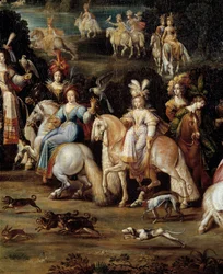 Ecuyeres lovecký sokol Detail z obrazu Clauda Derueta (1588-1662). Ztlumit. 1,14 x 2,58 m