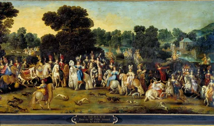 Čtyři prvky: „Vzduch“. Lovecká scéna v parku zámku. Detail. Obraz Clauda Derueta (1588-1662) 1641 Ne. 1,14x2,58 m Orléans, musee des Beaux Arts