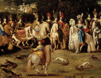 Čtyři živly. Detail vzduchu: Ecuyere lovecký sokol. Obraz od Clauda Derueta (1588-1662)