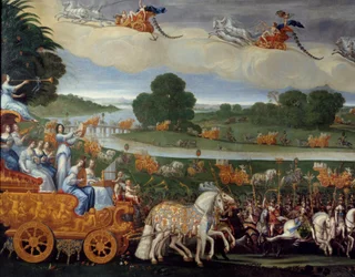 Čtyři živly. Země (Detail vlevo). Olej na plátně. Rozměr: 4,22 x 1,14 m. Obraz od Clauda Derueta (1588-1662)