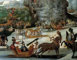 Sáně podrobně popisují čtyři živly: vodu. Obraz od Clauda Derueta (1588-1662)
