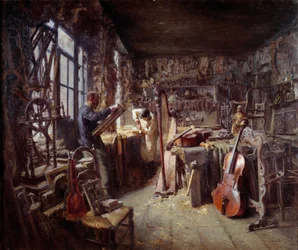 Restaurátor ve své dílně plné nástrojů. Obraz Clauda Firmina (1864-1944) 1896 Avignon musee Calvet Pozor! Použití tohoto díla může podléhat žádosti o autorizaci třetí stranou nebo dalším poplatkům