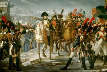 Císař Napoleon I. (1769-1821) zařídil 2. sbor Velké armády na mostě Lech před útokem Augsburgu 12.10.1805 Obraz Clauda Gautherota (1769-1825) 1808 Ne. 3,85x6,2m