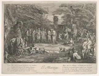 Manželství Le Mariage: v lese se starý satyr ožení se snoubenkou v cen..., ca. 1700-1720.