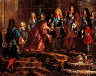 Louis XIV přijímající podrobení, janovský dóže v květnu 1685, obraz od Claude-Guy Halle (1652 až 1736), kolem roku 1710 (olej na plátně)