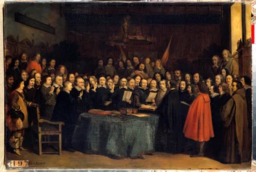 Vestfálský mír: přísaha po ratifikaci míru mezi Španěly a Nizozemci na münsterské radnici 15/05/1648. Ukončil třicetiletou válku. Obraz Claudiuse Jacquanda