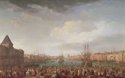 Ranní pohled na vnitřní přístav v Marseille a pavilon Horloge du Parc, 1754