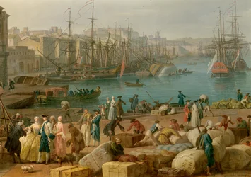 Přístav Marseille v 18. století Detail představující vykládku zboží. Obraz Josepha Verneta (1714-1789) Paříž 18. století. Námořní muzeum