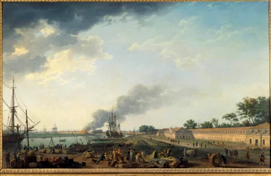 Pohled na přístav Rochefort a Královskou provazárnu. Obraz Josepha Verneta (1714-1789), 1762. Paříž, Musée de la Marine.