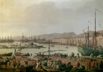 Pohled na přístav Toulon Detail, starý přístav, pohled z pobřeží obchodů. Obraz Josepha Verneta (1714-1789) 1756. Paříž, Musee de la Marine - Pohled na mořský přístav Toulon. Detail. Obraz Joseph Vernet (1714-1789), olej na plátně