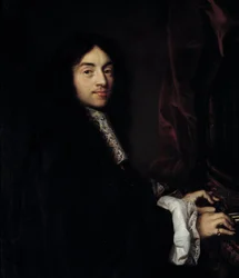 Detail „“ Portrét varhaníka Charlese Couperina (1638-1679) s dcerou malíře““ Obraz od Clauda Lefebvrea (1632-1675) 17. stol. 1,27x0,96 m