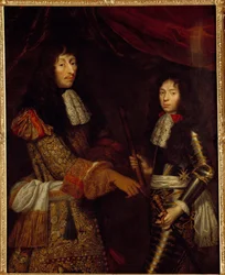 Portrét Ludvíka II. prince z Bourbonu (Bourbon-Conde) (1621-1686) známého jako Grand Conde a jeho syna Henriho Julese vévody z Enghien (1643 - 1709). Obraz od Clauda Lefebvrea (1632-1675)