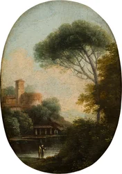 Krajina zalesněného jezera, cca 1620-82 (olej a plátno na panelu)