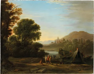 Francouzsky: Paysage avec personnages chargeant du bois sur un bateau Krajina s postavami nakládajícími dřevo na loď