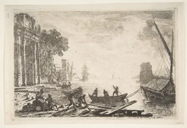 Přístavní scéna s vycházejícím sluncem, 1634.