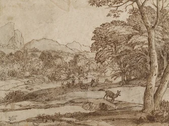 Krajina se stádem jelenů, 1666 (černá křída, třená, perem a hnědým inkoustem na špinavě bílém papíře)