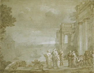 Pohled na Kartágo s Dido a Aeneem, 1676 (pero a inkoust s lavírováním a křídou, zvýrazněno bílou na papíře)