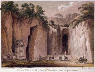 Pohled na jeskyni Pausilippe (Posillipo) (nebo „Grotta Vecchia“) poblíž Neapole. kresba Chatelet