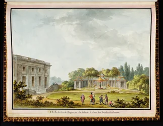 Pohled na Jeu de Bague, na jeho galerii a na jednu z fasád zámku, z Recueil des Plans du Petit Trianon od Richarda Miqueho (1728-94)