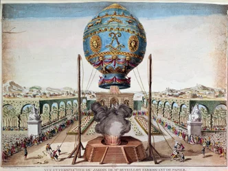 Pokus bratří Montgolfierů 19. října 1783 v zahradě monsieura Réveillona, Faubourg Saint-Antoine v Paříži. Rytina Clauda Louise Desraise (1746-1816)