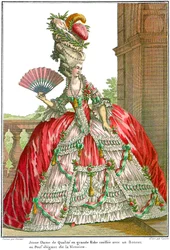 Francouzské dvorní šaty se širokými brašnami, 1778.