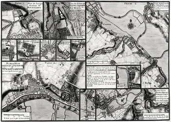 Fol.7 & 98 Mapa měst a zámků ležících podél řeky Charente v roce 1714, z Recueil des Plans de Saintonge (pero, inkoust a wc na papíře)