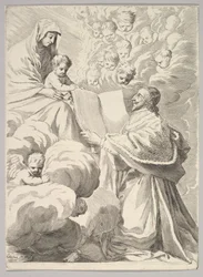 Kardinál Richelieu, klečící, představuje svou knihu panně a dítěti, ca. 1646.