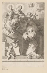 H. Bernard klečící před zjevením Panny Marie s dítětem Titulní strana pro: Saint Bernardus, Divi Bernardi Abbatis (...), 1640