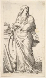 Žena v róbě stojící vedle soklu, její pravá ruka nese palmovou ratolest, harfu r..., ca. 1620-88.
