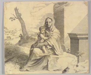 Panna a dítě sedící na skále Panna a dítě v ruinách, 1659.