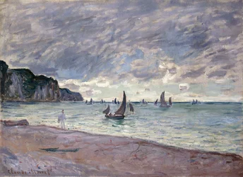 Rybářské lodě před pláží a útesy Pourville, 1882