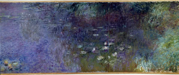 Lekníny: ráno. Detail. Obraz Clauda Moneta (1840-1926), 1914-1926. Diptych o rozměrech 2 x 3 m každá část. Paříž. Musée de l