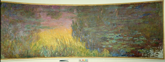 Lekníny, zapadající slunce, 1914-1926. Diptych o rozměrech 2 x 3 m každá část. Paříž. Muzeum Orangerie